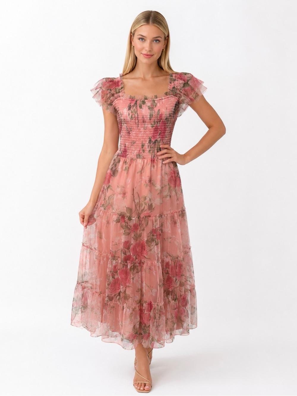 Floral Pink Tiered Midi Dress with Ruffle Sleeves